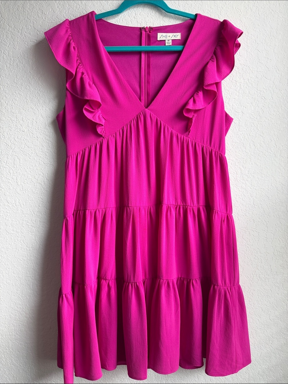 She + Sky Fuchsia Ruffle Tiered Midi Dress